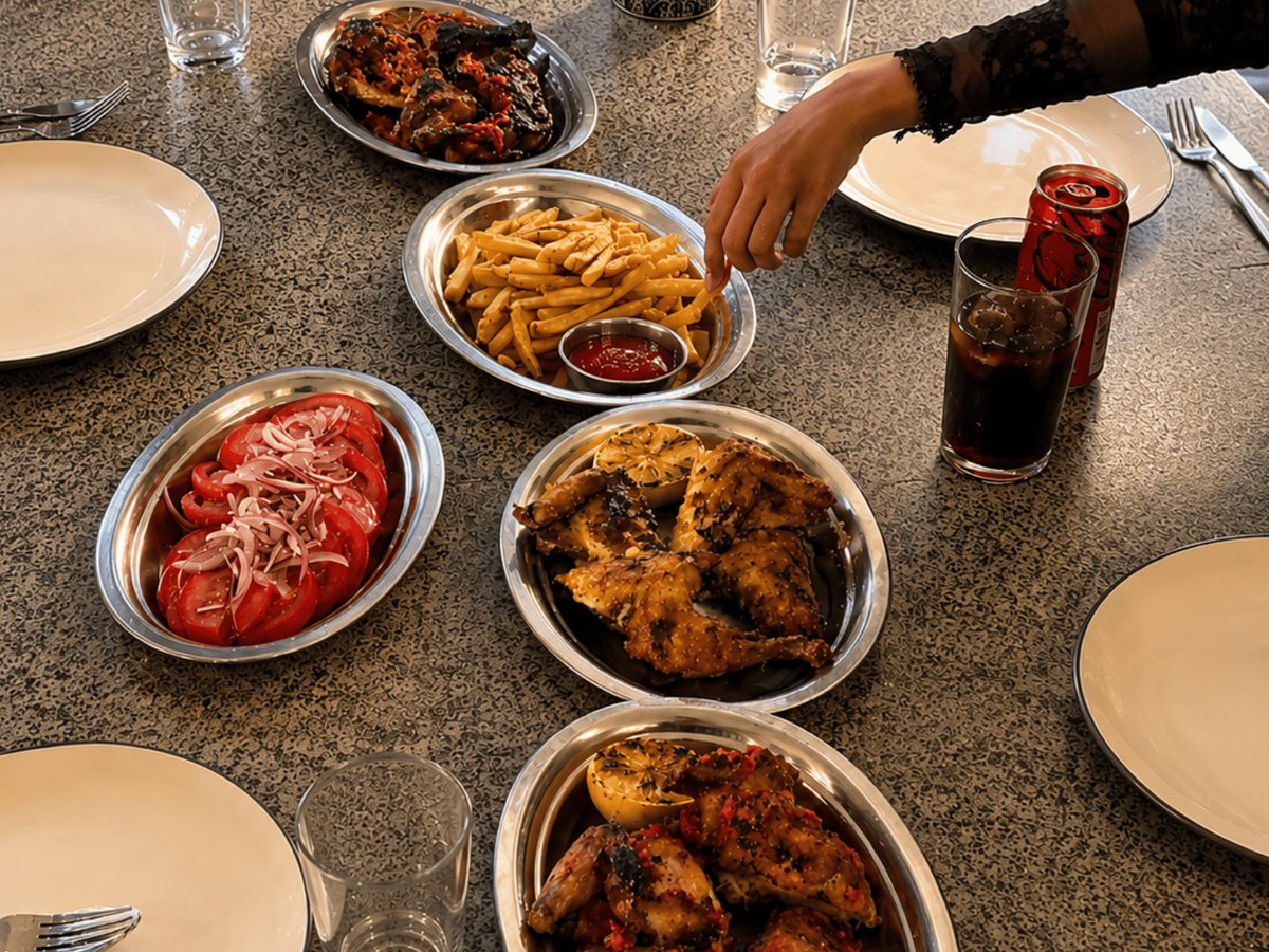 A shared table of Brasa plates under low, warm light