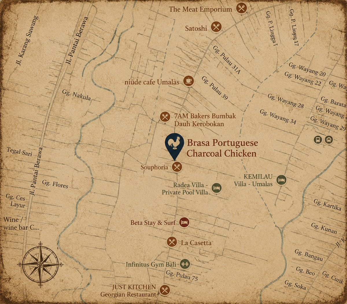 Vintage-style map showing Brasa in Kerobokan, Bali